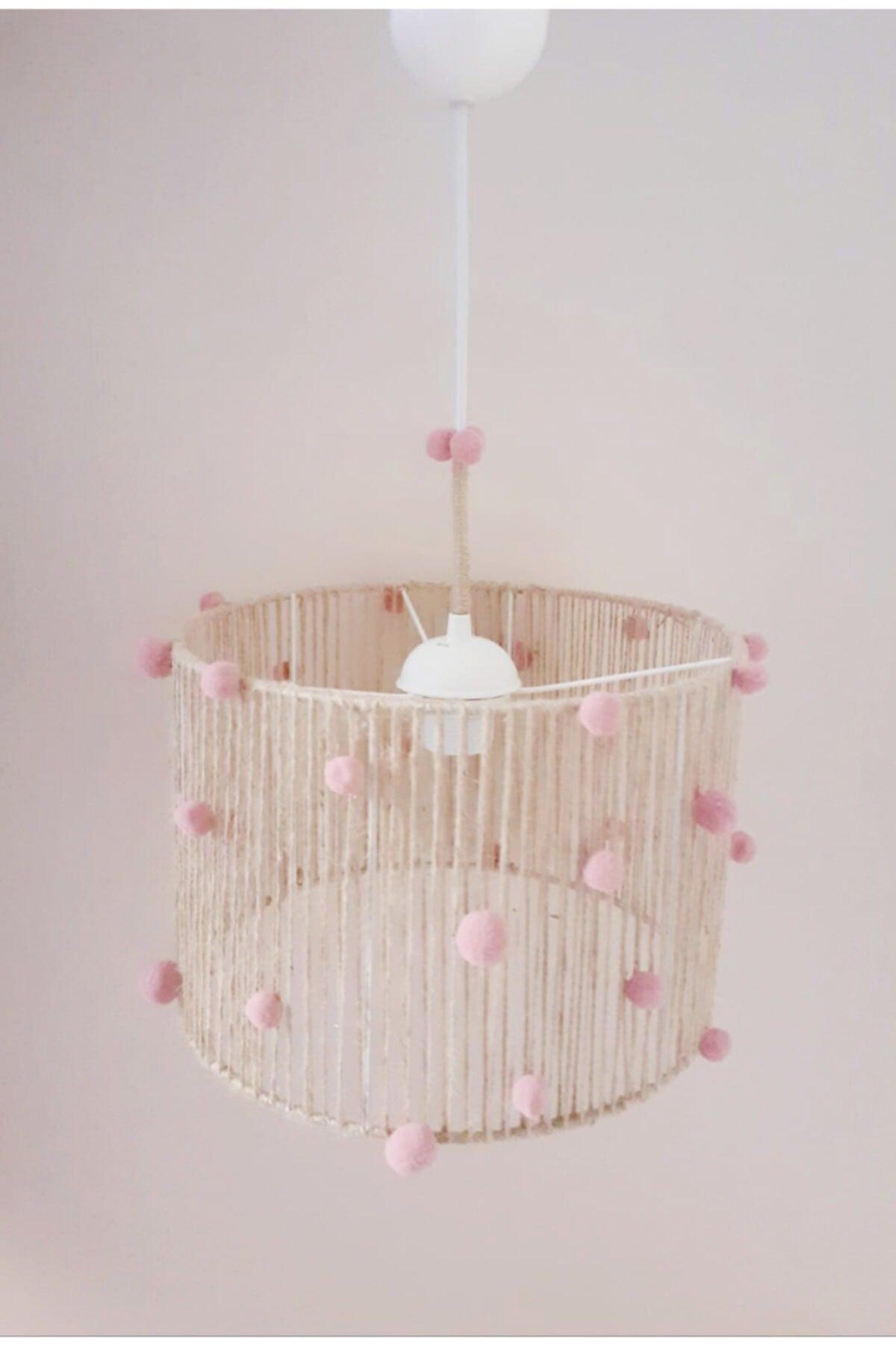 Straw Rope Wrapped Pink Pompom Baby And Kids Room Pendant Lamp Chandelier - Swordslife