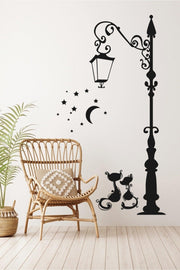 Street Lamp Two Cats Stars Moon Light Decorative Wall Sticker - Swordslife