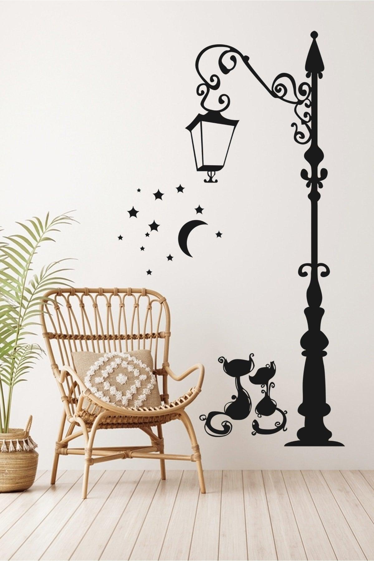 Street Lamp Two Cats Stars Moon Light Decorative Wall Sticker - Swordslife