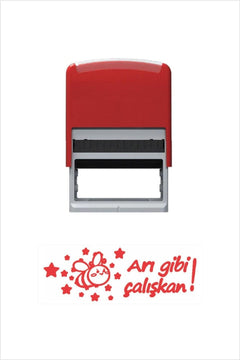 Automatic stamp with bee-themed design and red ink