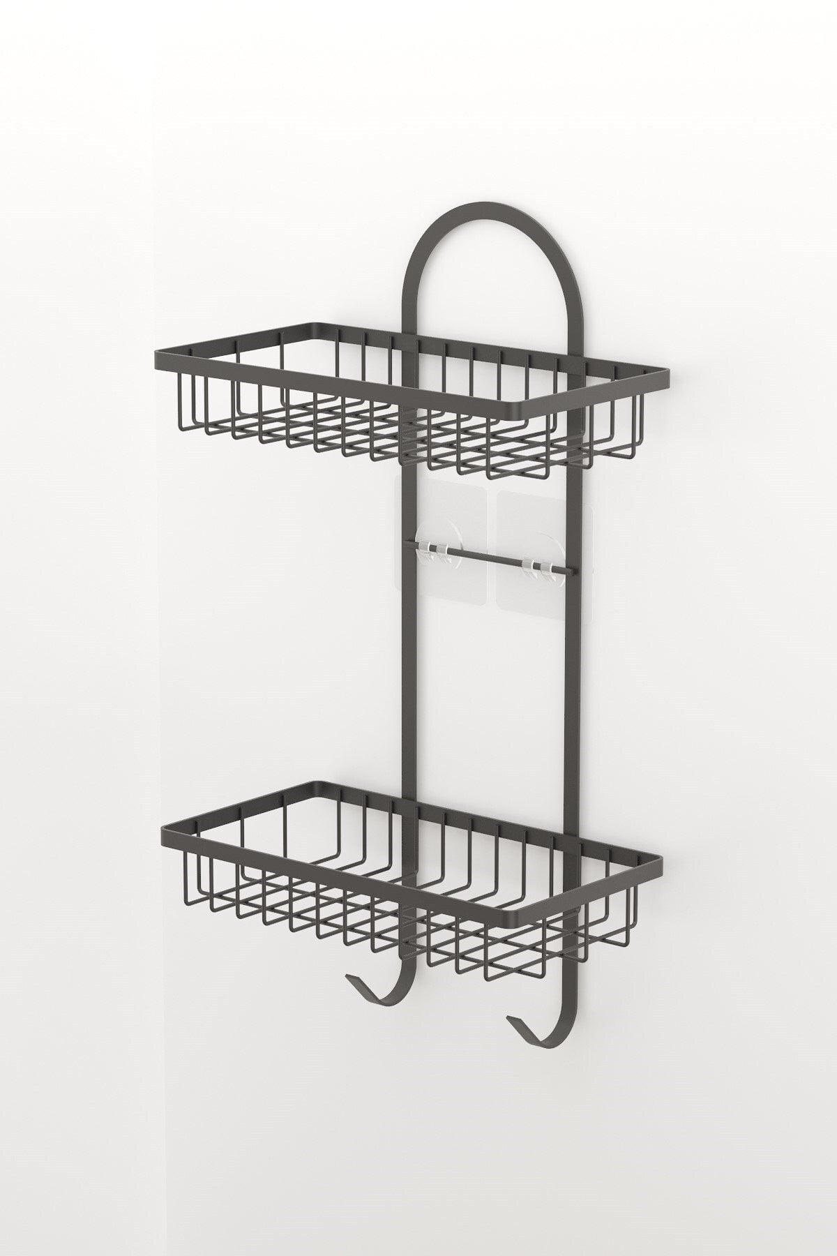 Teknotel Adhesive Two Tier Hooked Bathroom Shelf Matt Black St308 - Swordslife