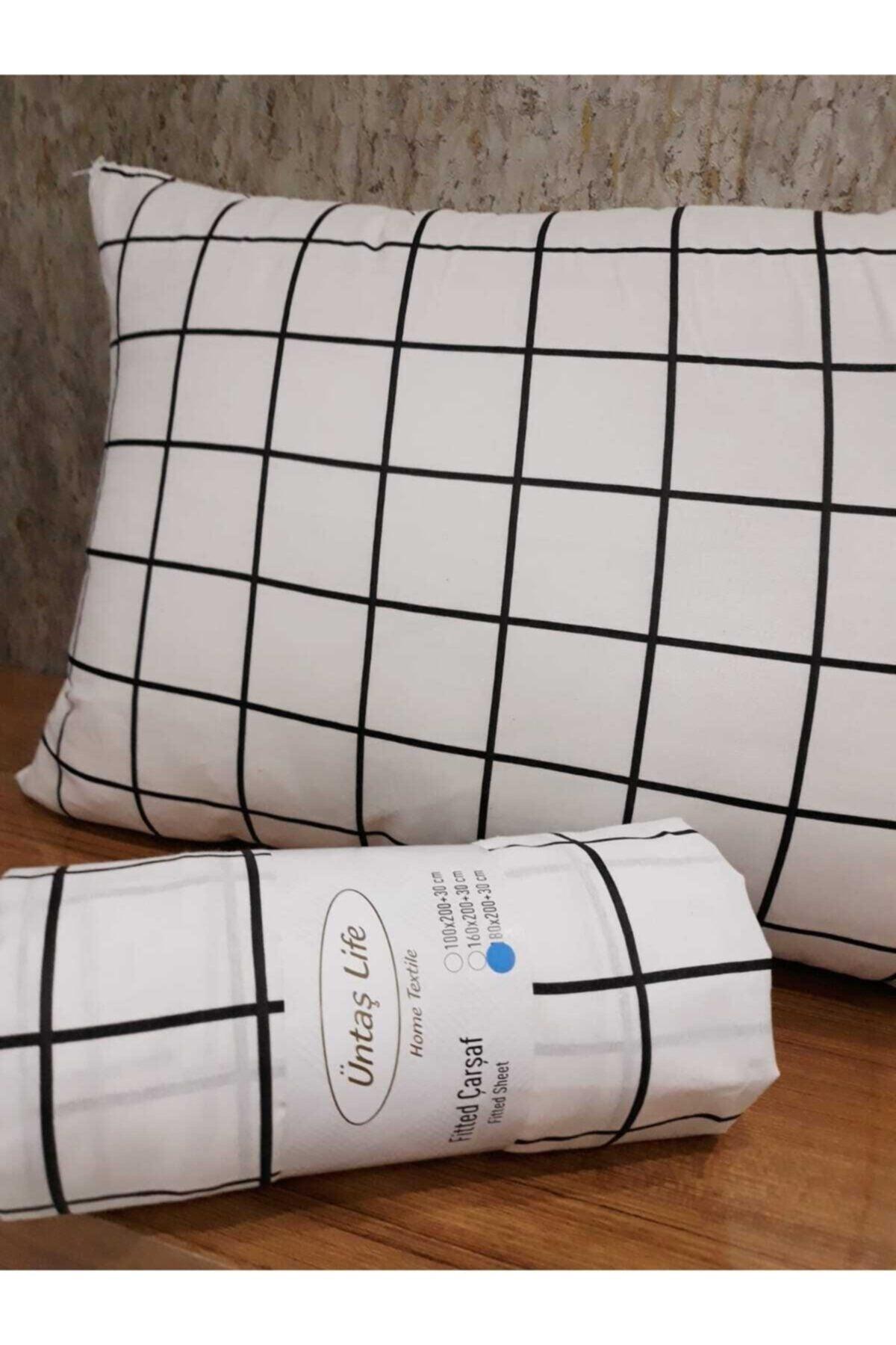 Single Elastic Bed Sheet +1 Pillowcase 100x200 Mini Tile Black White Ecmnikaro1 - Swordslife