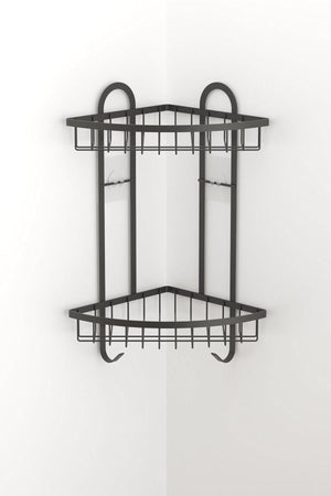 Teknotel Adhesive 2 Tier Hooked Bathroom Corner Shelf Matt Black St307 - Swordslife