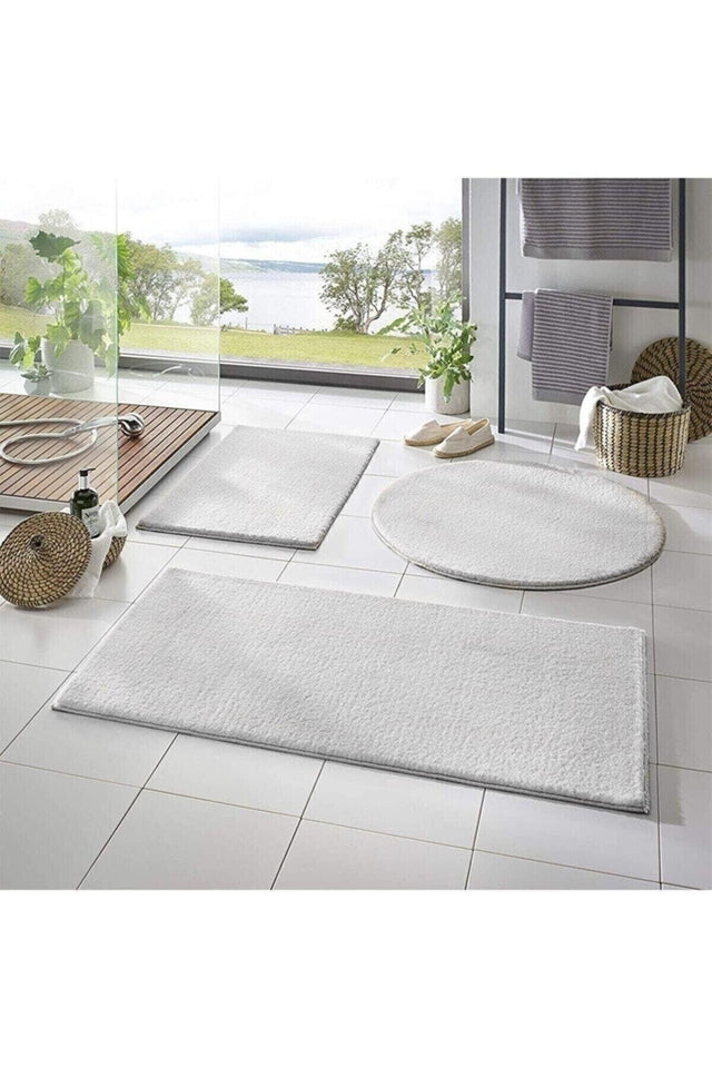 Triple Bath Mat Set White Plush Non-Slip