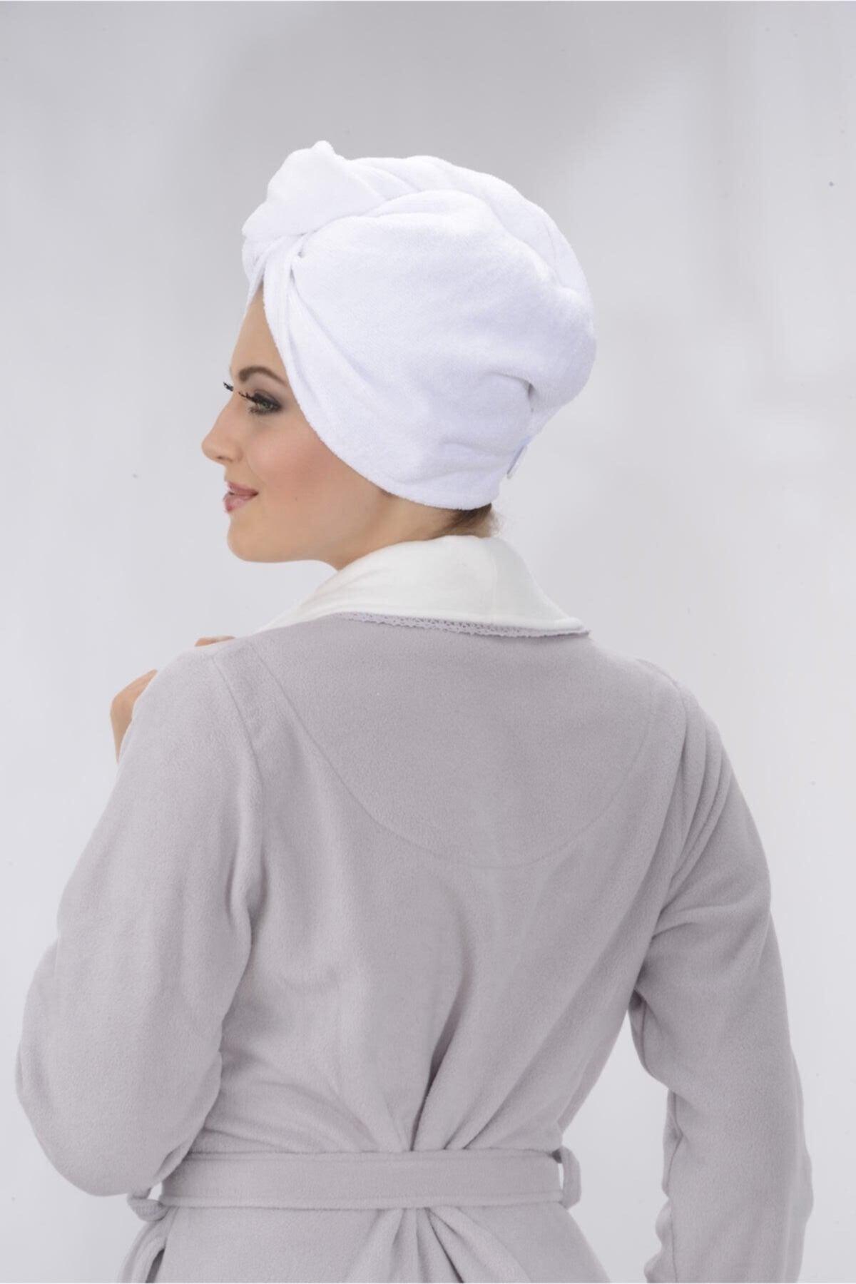 Towel Hair Drying Cap - Buttoned - Microfiber - White - Triple - Swordslife