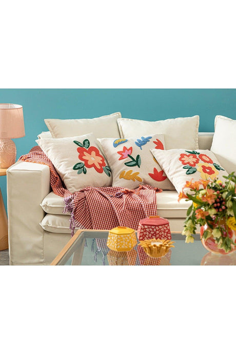 Tulipe Punch Embroidered Cushion Cover 45x45 Cm Natural - Swordslife