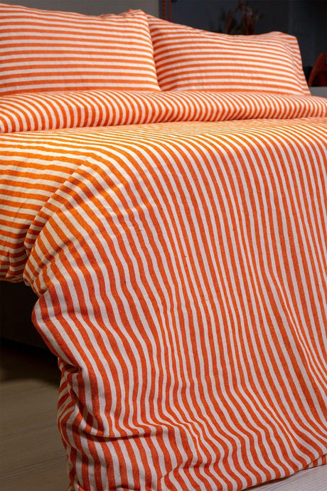 Orange Striped Linen Double Duvet Cover & Pillow Set 200x220 Cm - Swordslife