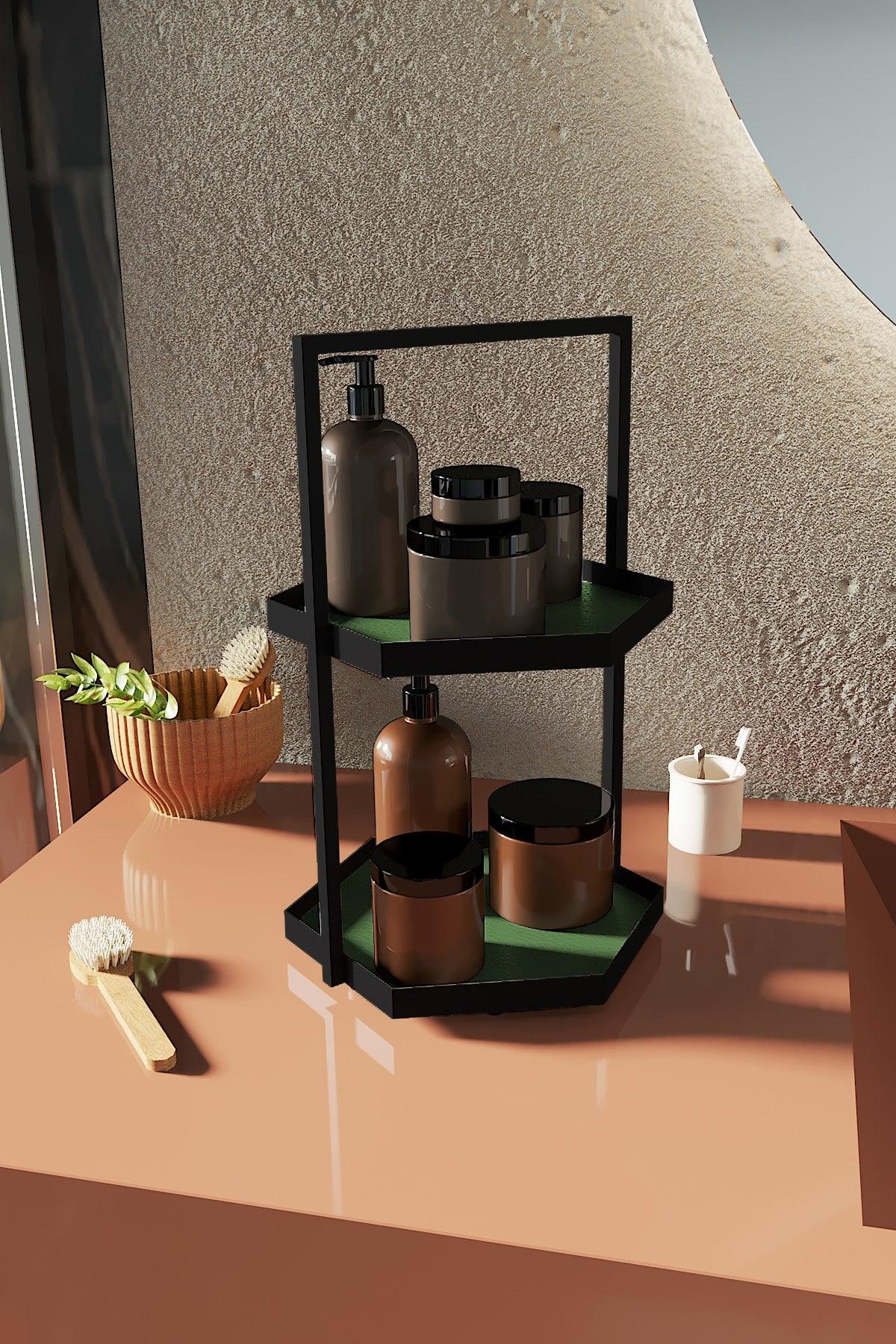 Two Tiers Hexagonal Green Leather Makeup Jewelry Kitchen Bathroom Organizer Organizer 40 cm - Swordslife
