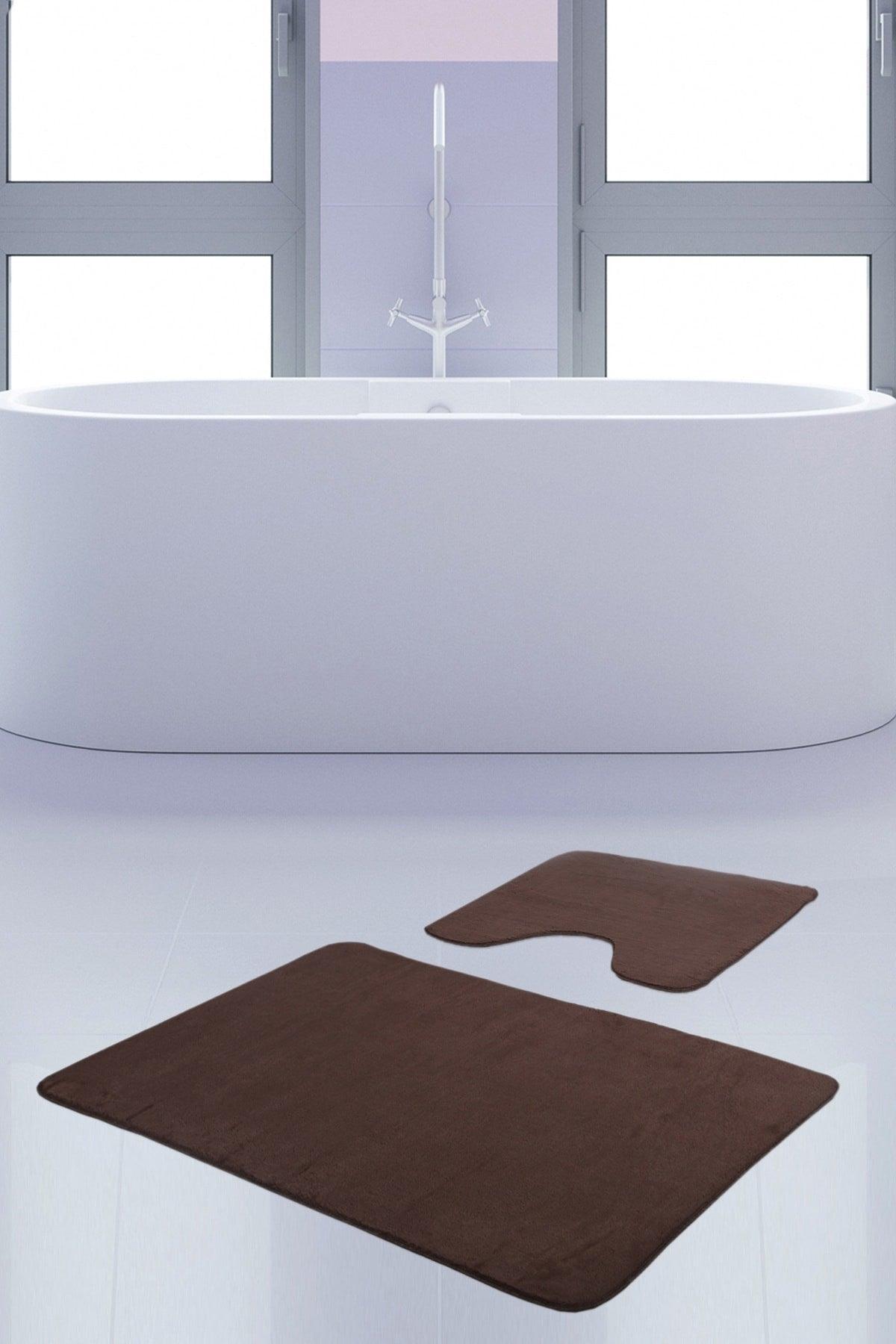 Unicolor Plain Brown 2 Piece Bath Mat Rug Set Non-Slip Toilet Seat Base Set - Swordslife