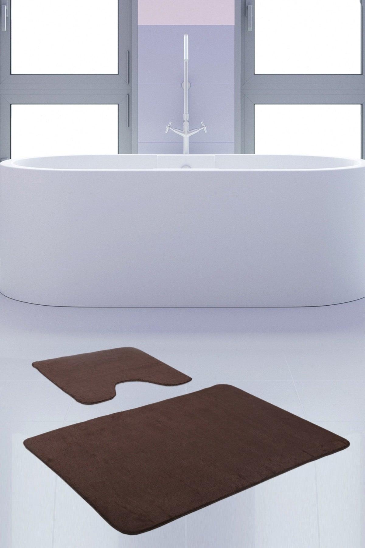 Unicolor Plain Brown 2 Piece Bath Mat Rug Set Non-Slip Toilet Seat Base Set - Swordslife