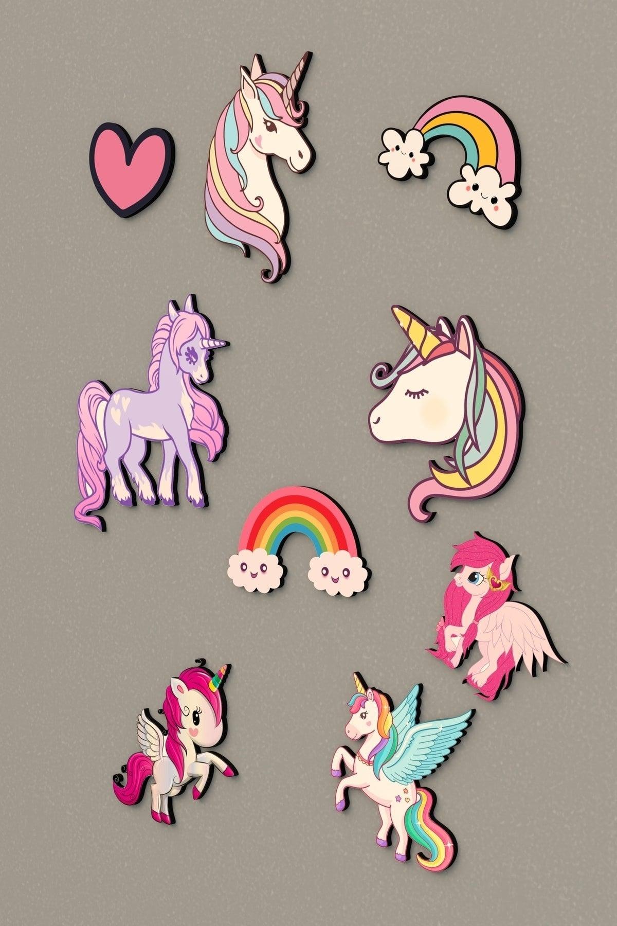 Unicorn Figured 9 Pieces Wooden Wall - Wardrobe - Door Decoration Kids Room Wall Sticker - Swordslife