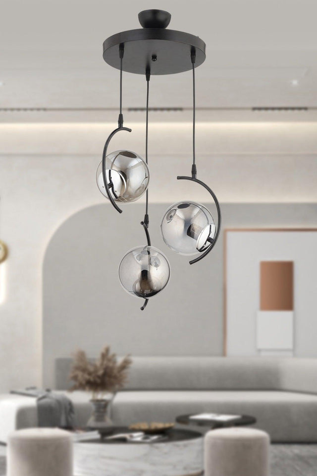 Evren 3 Piece Modern Design Smoked Globe Glass Pendant Lamp Chandelier - Swordslife