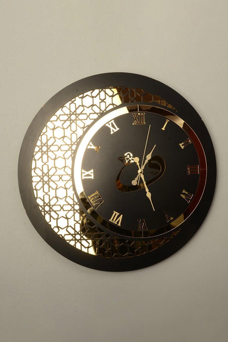 Wall Clock Wood And Mirror Vav Motif Black Gold - Swordslife