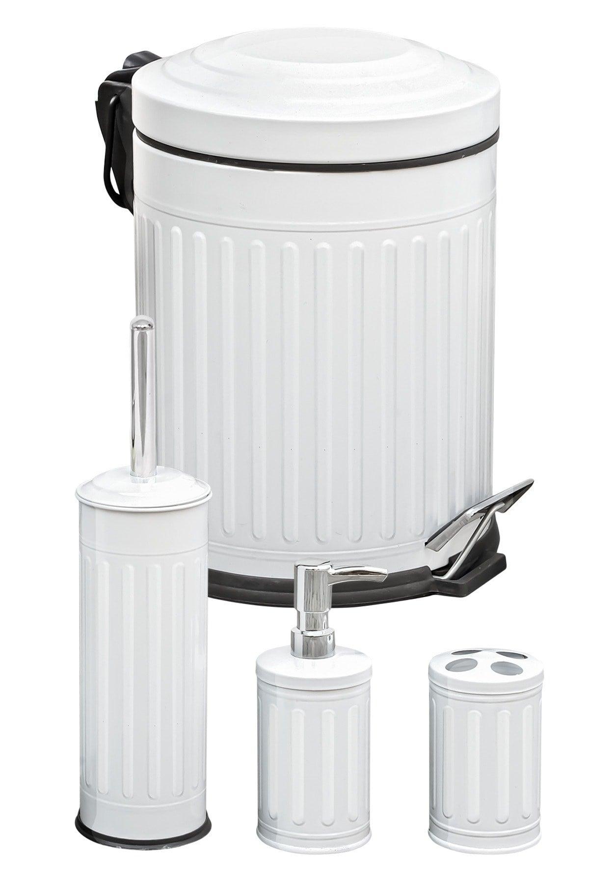 White Vintage 4 Piece Striped Dustbin Bathroom