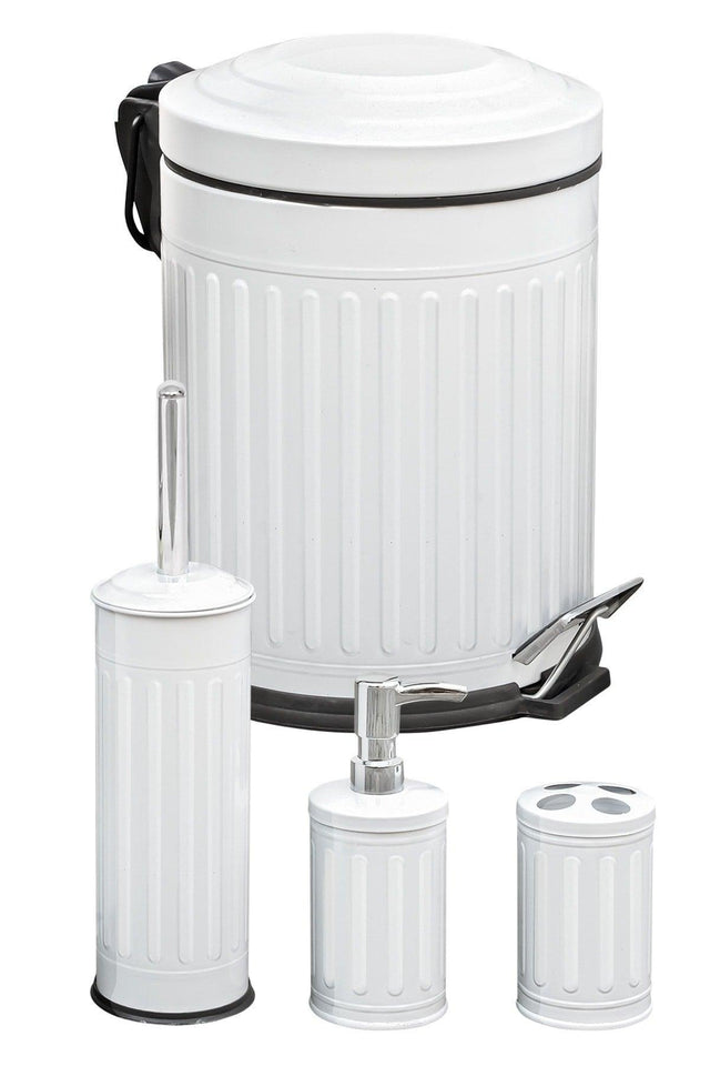 White Vintage 4 Piece Striped Dustbin Bathroom