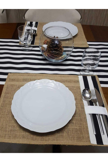 Straw Placemat Black and White Striped Fabric Detailed 6 Pieces And 1 Piece Black And White Striped Runner - Swordslife