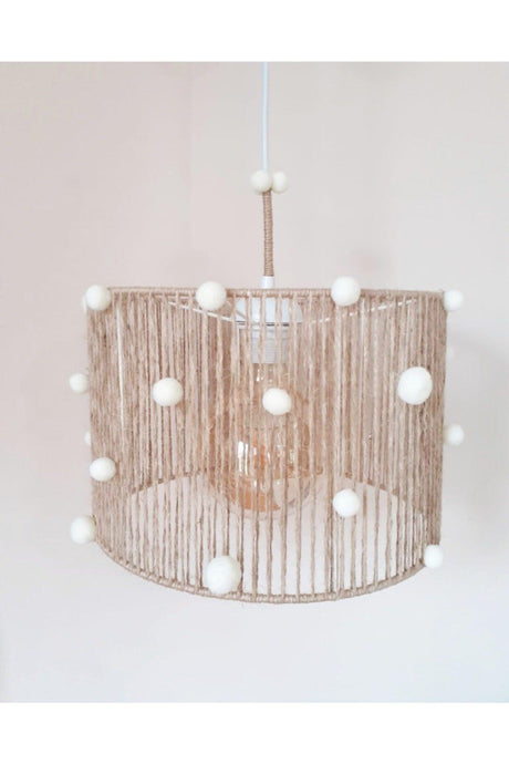 Straw Rope Wrapped Ecru Pompom Baby And Kids Room Pendant Lamp Chandelier - Swordslife