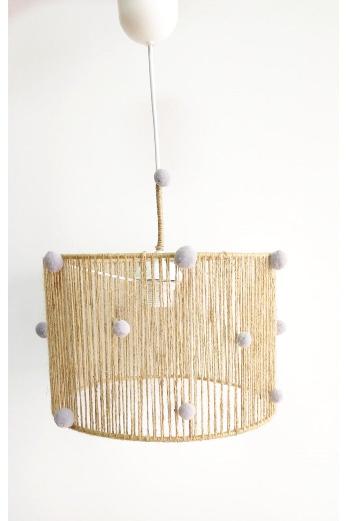 Straw Rope Wrapped Gray Pompom Baby Boy And Kids Room Pendant Chandelier - Swordslife