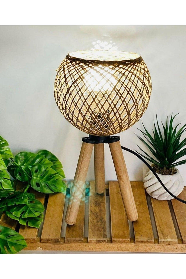 Wooden 3 Legs Lampshade Table Lamp Jute Rope - Swordslife