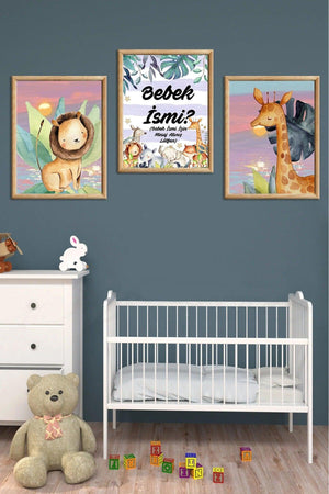Wooden Large Framed Framed Baby Boy Girl, Kids Room Painting Set With Name - Swordslife