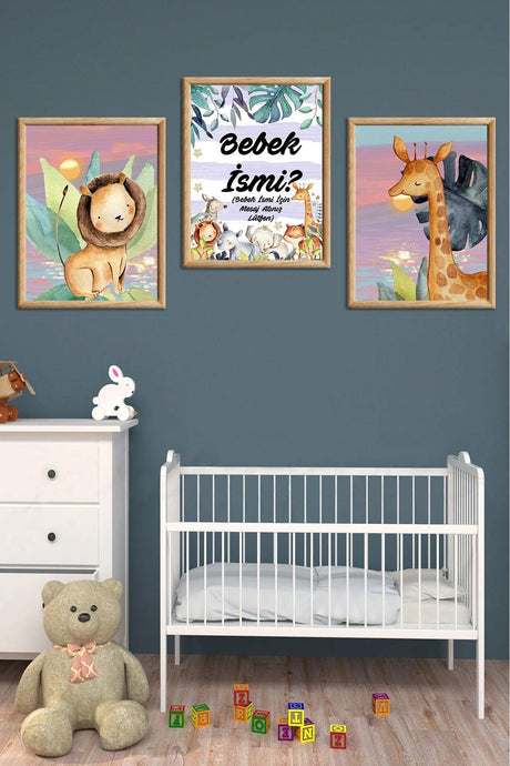 Wooden Large Framed Framed Baby Boy Girl, Kids Room Painting Set With Name - Swordslife