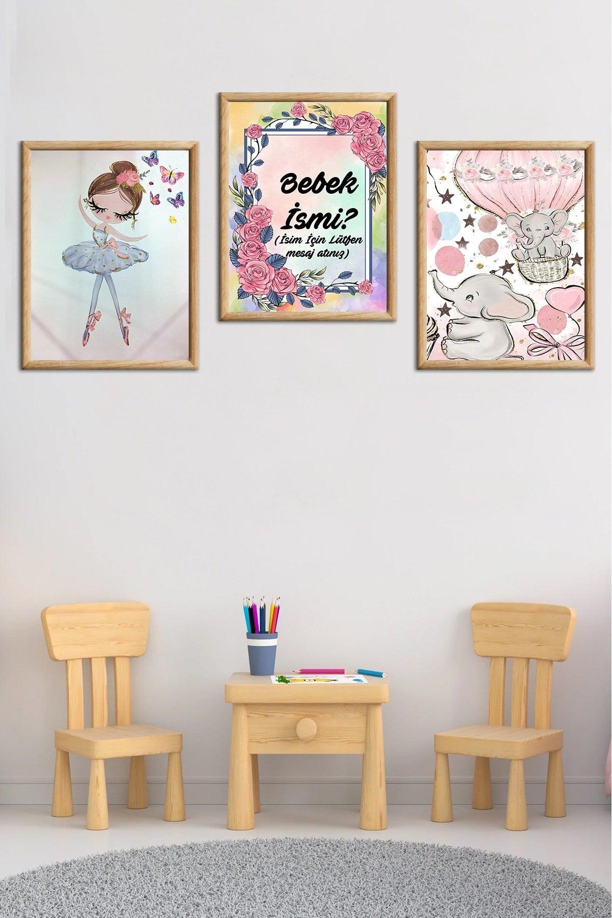 Wooden Large Framed Framed Baby Boy Girl, Kids Room Painting Set With Name - Swordslife