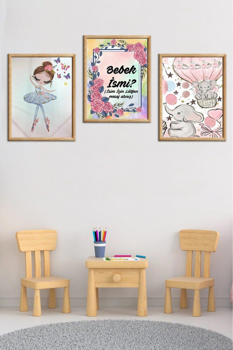 Wooden Large Framed Framed Baby Boy Girl, Kids Room Painting Set With Name - Swordslife