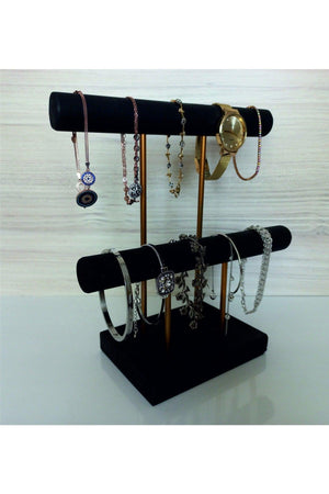 Wooden - Gold Plated Steel Jewelry Stand Jewelry Organizer Jewelry Organizer 2 Levels Black Color - Swordslife