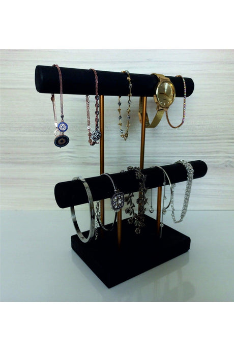 Wooden - Gold Plated Steel Jewelry Stand Jewelry Organizer Jewelry Organizer 2 Levels Black Color - Swordslife