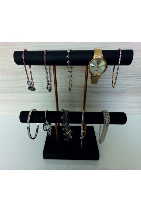 Wooden - Gold Plated Steel Jewelry Stand Jewelry Organizer Jewelry Organizer 2 Levels Black Color - Swordslife
