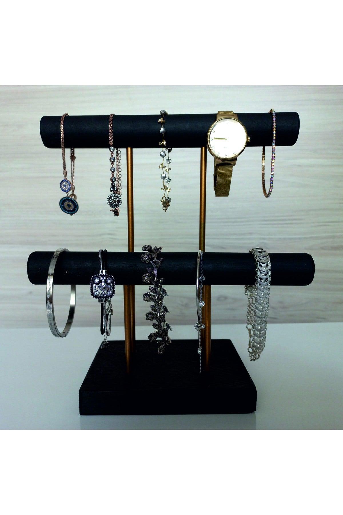 Wooden - Gold Plated Steel Jewelry Stand Jewelry Organizer Jewelry Organizer 2 Levels Black Color - Swordslife