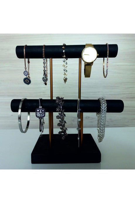 Wooden - Gold Plated Steel Jewelry Stand Jewelry Organizer Jewelry Organizer 2 Levels Black Color - Swordslife