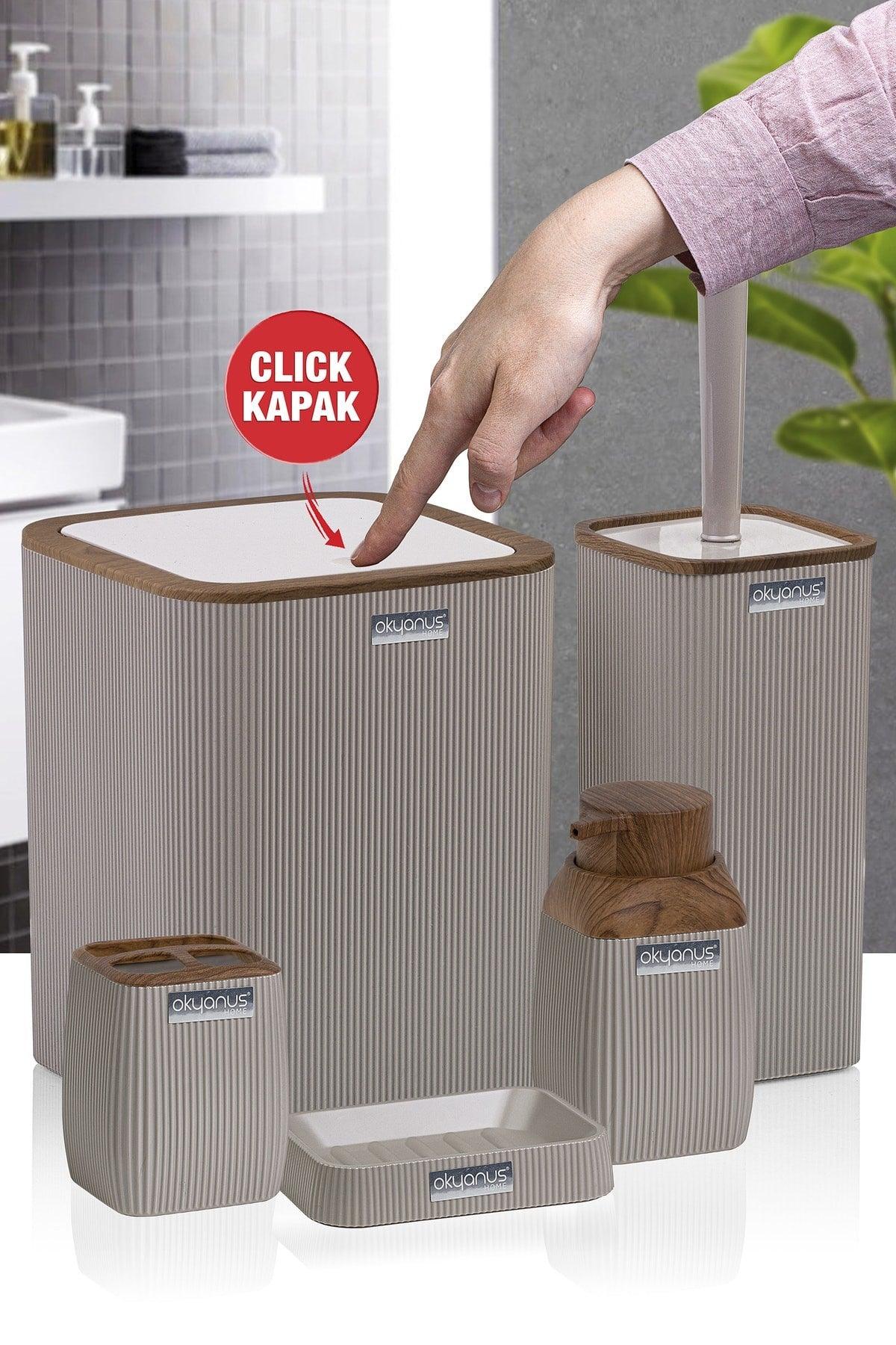 Wooden Patterned Striped 5 Piece Bathroom Set Mink