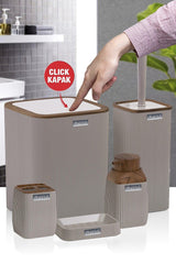 Wooden Patterned Striped 5 Piece Bathroom Set Mink