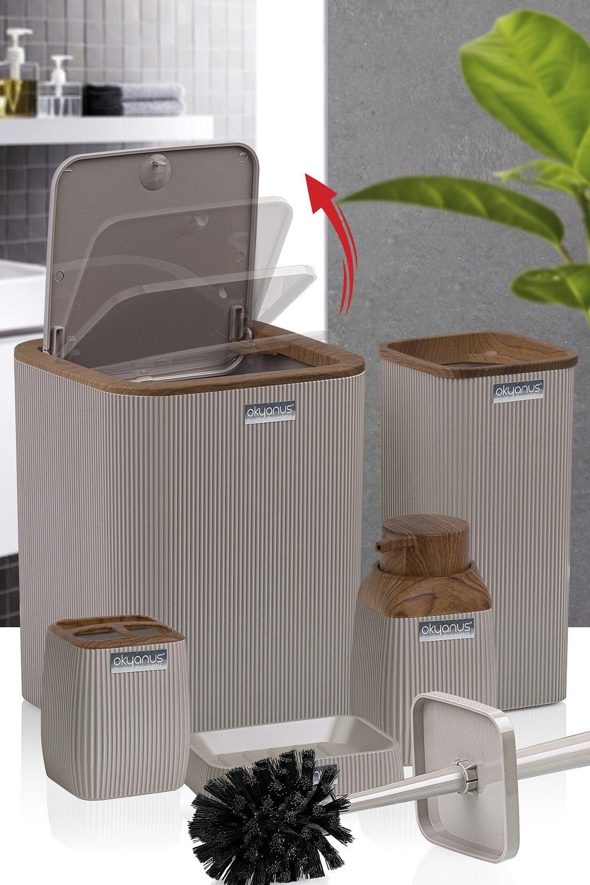 Wooden Patterned Striped 5 Piece Bathroom Set Mink