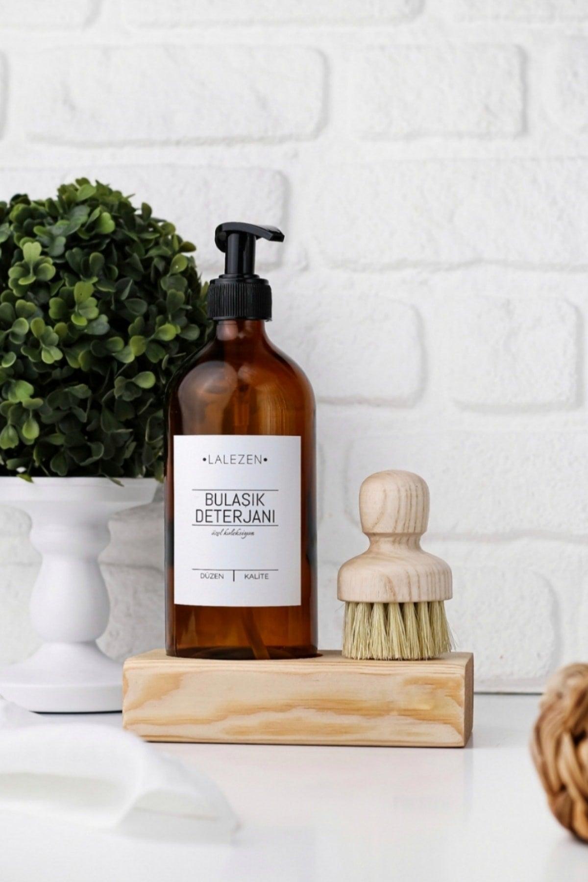 Amber Bottle with Wooden Stand and Label for Brushed Dishwashing Liquid - Swordslife