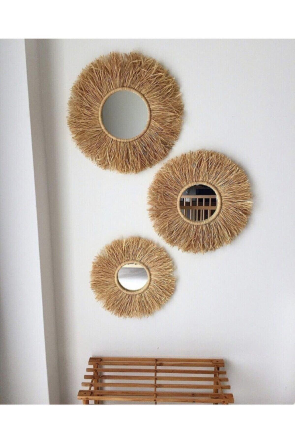 Woodda Decorative Mirrored Raffia Wall Ornament Bohemian Style 3 Pieces 45 Cm - Swordslife