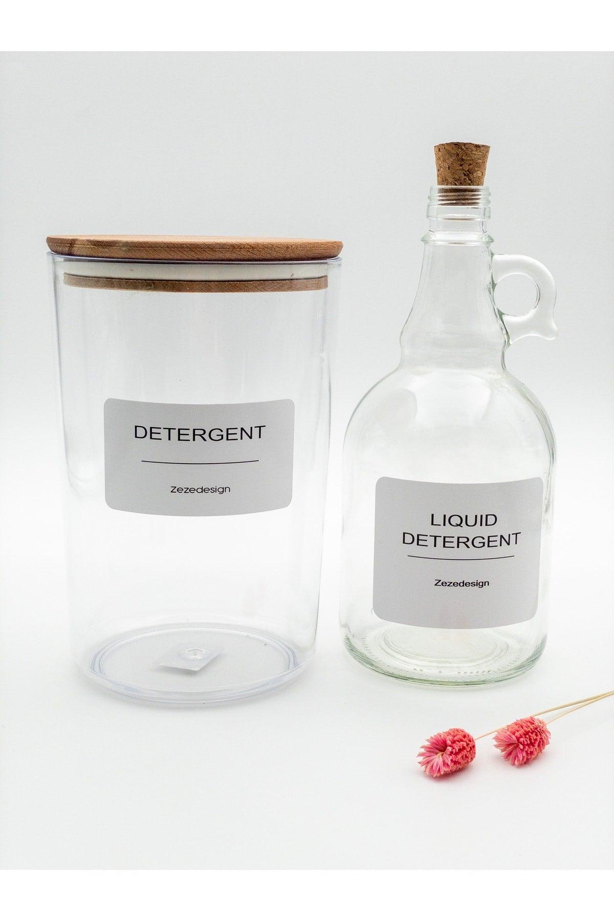 Powder Detergent Jar / Box With Wooden Lid 2300ml And Liquid Detergent Bottle With Cork Cap 1000ml - Swordslife
