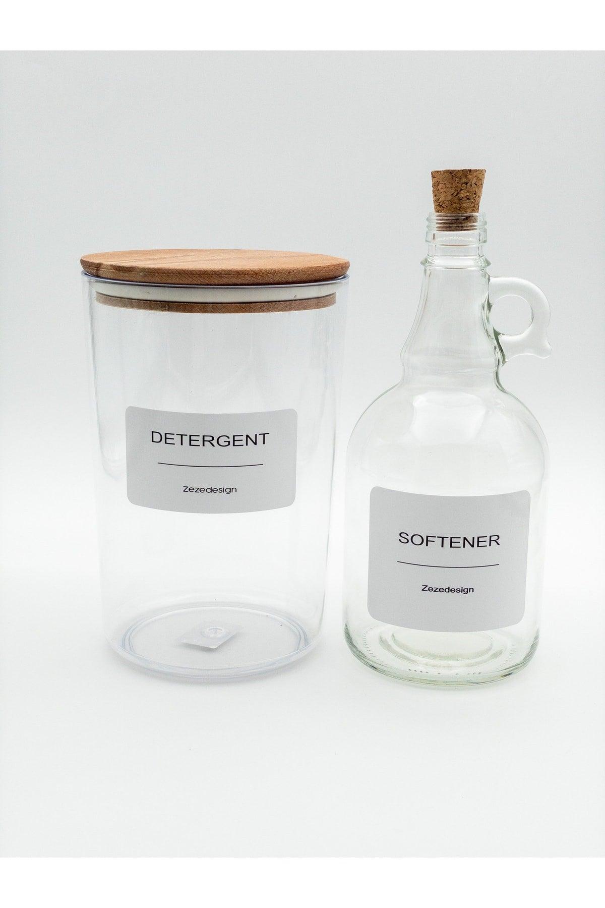Powder Detergent Jar / Box With Wooden Lid 2300ml And Softener Bottle With Cork Cap 1000ml - Swordslife