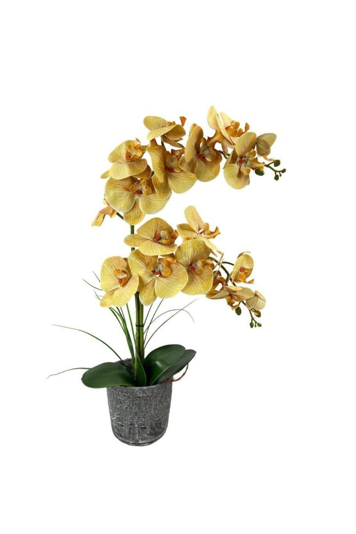 Artificial Flower 2 Mustard Wet Orchid Ceramic Pot Orchid 60cm - Swordslife