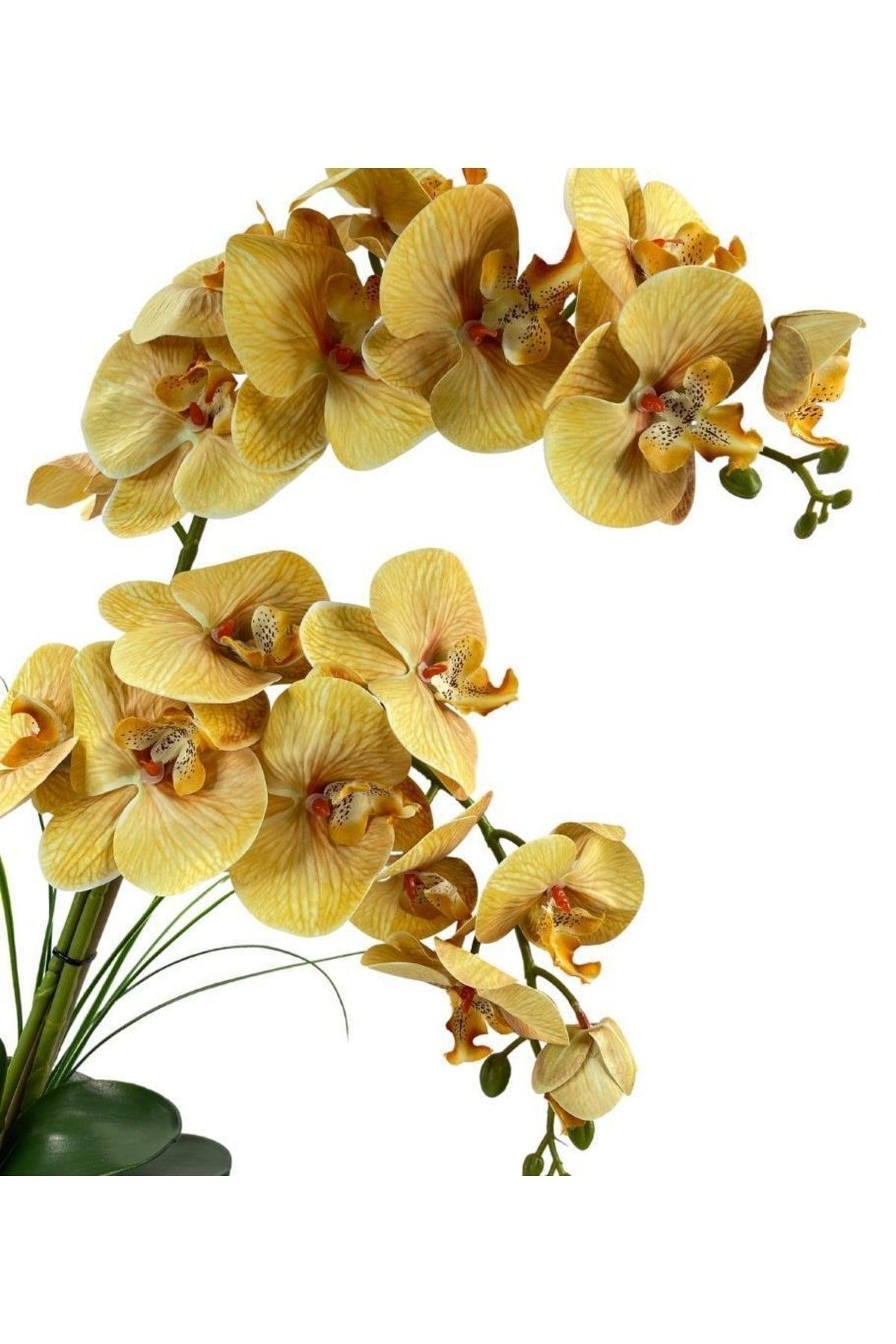 Artificial Flower 2 Mustard Wet Orchid Ceramic Pot Orchid 60cm - Swordslife