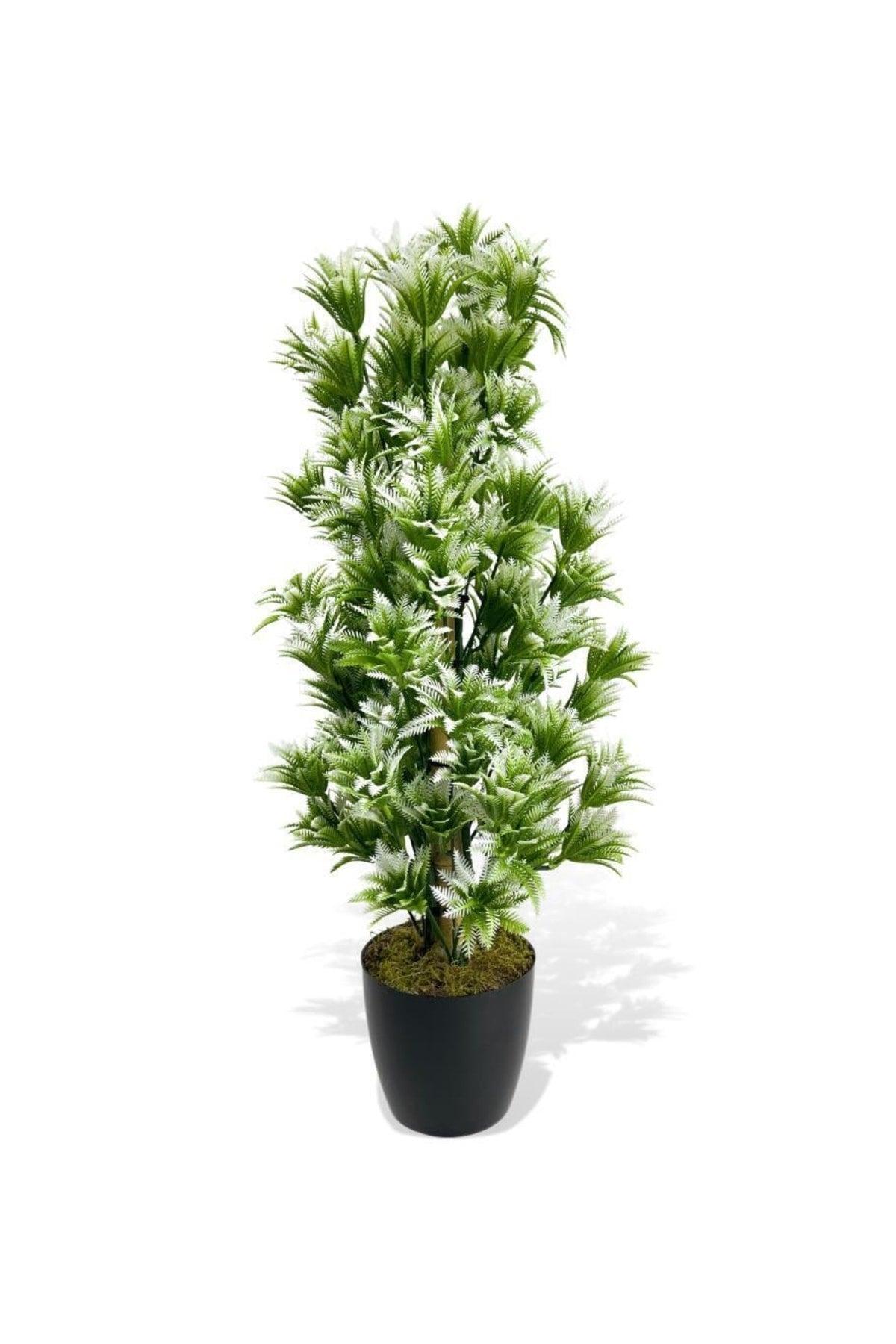 Artificial Flower Black Pot Green White Sycas Tree 55cm - Swordslife