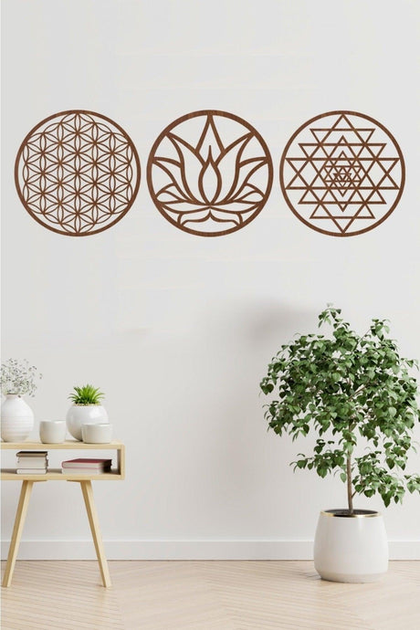 Flower of Life Lotus Flower And Sri Yantra Set Of 3 Brown Wall Painting - Swordslife