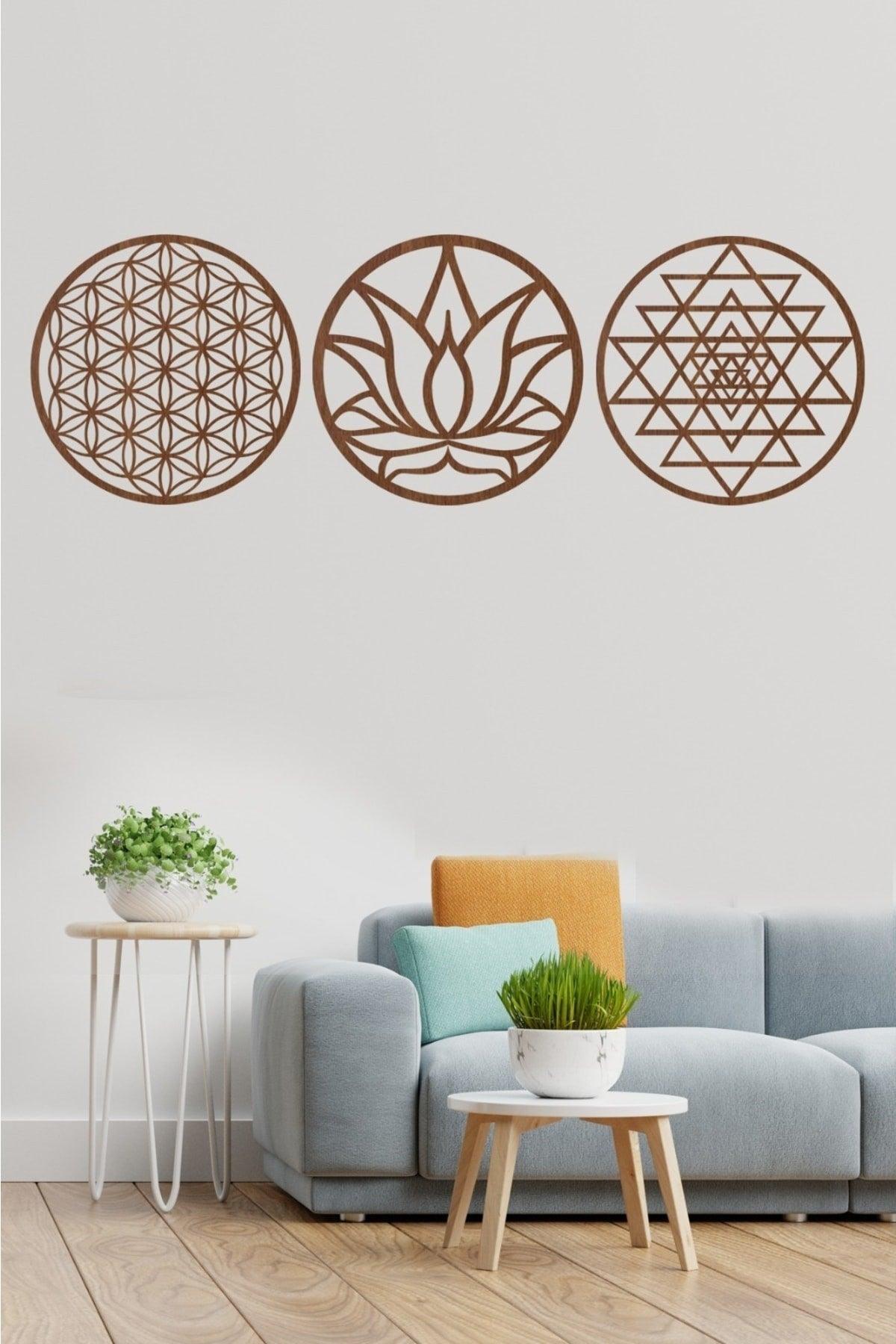 Flower of Life Lotus Flower And Sri Yantra Set Of 3 Brown Wall Painting - Swordslife