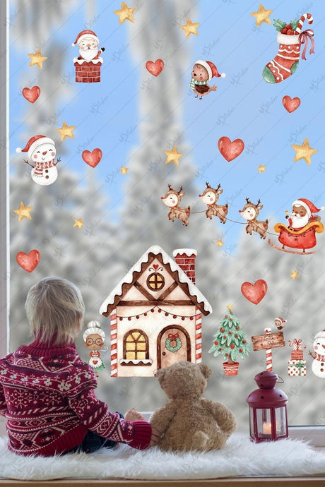 Christmas Winter House Snowman And Santa Claus Winter Figures Hearts And Stars New Year Sticker Set - Swordslife